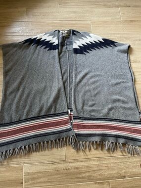 Paul & Joe Gray Knit Poncho with Navy Chevron and Red Stripe Accents